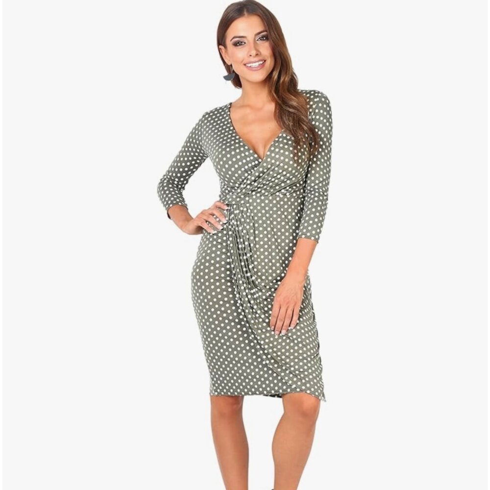 KRISP Polka Dot Long Sleeve Knee Length Pencil Dress V-Neck Midi